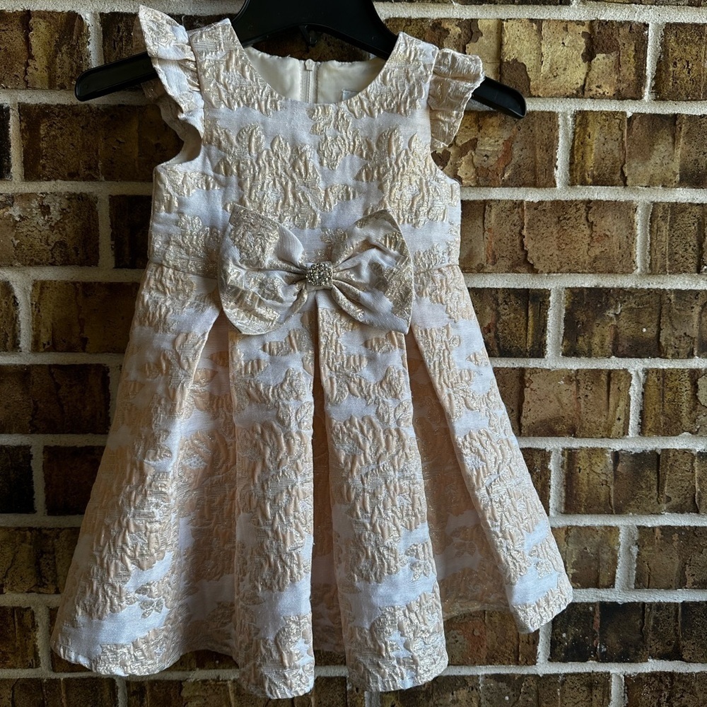 Rare Editions Ivory and Gold Brocade Dress with Bow